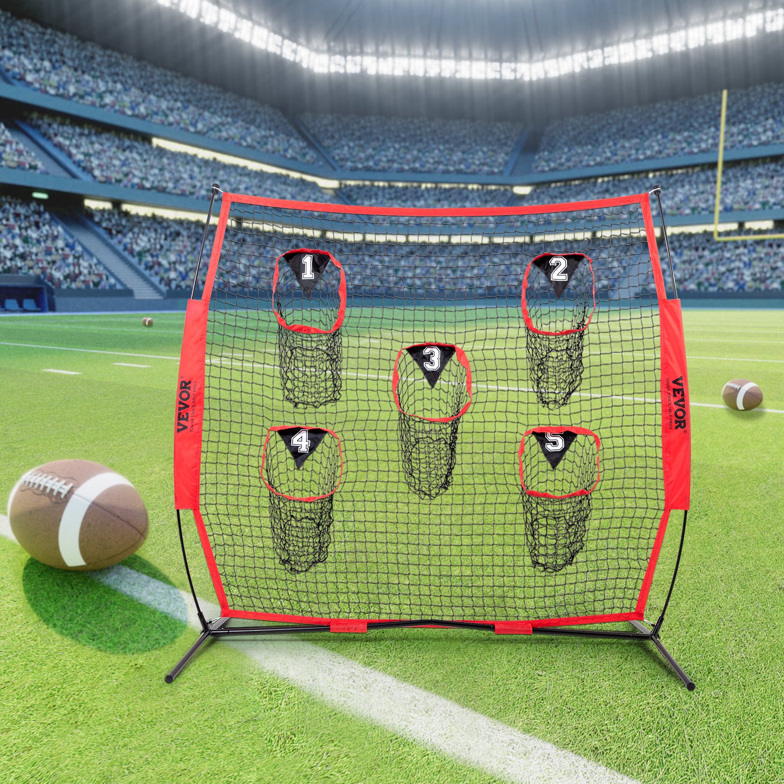 VEVOR Red de Lanzamiento de Entrenador de Fútbol de 8 x 8 Pies, Red de Práctica de Tiro de Entrenamiento con 5 Bolsillos para Objetivos, Red Sin Nudos Incluye Marco de Arco y Estuche de Transporte Portátil, Mejora la Precisión de Lanzamiento QB, Rojo