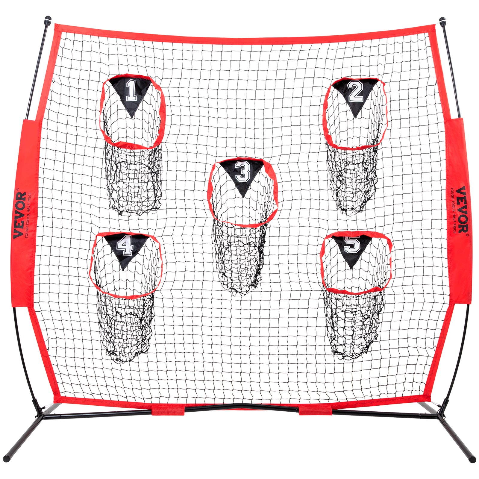 VEVOR Red de Lanzamiento de Entrenador de Fútbol de 8 x 8 Pies, Red de Práctica de Tiro de Entrenamiento con 5 Bolsillos para Objetivos, Red Sin Nudos Incluye Marco de Arco y Estuche de Transporte Portátil, Mejora la Precisión de Lanzamiento QB, Rojo