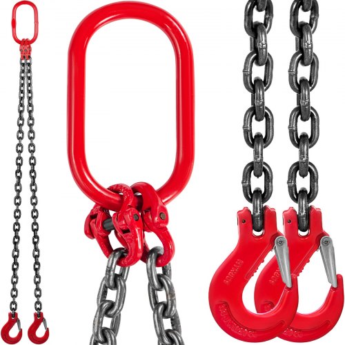 VEVOR Eslinga de cadena de 5 pies 3/8" x 5' Doble pierna con ganchos de agarre Cadena de eslinga Capacidad 4T Eslinga de cadena de doble pierna Grado 80 (0.375 pulgadas x 5 pies Eslinga de doble pierna)