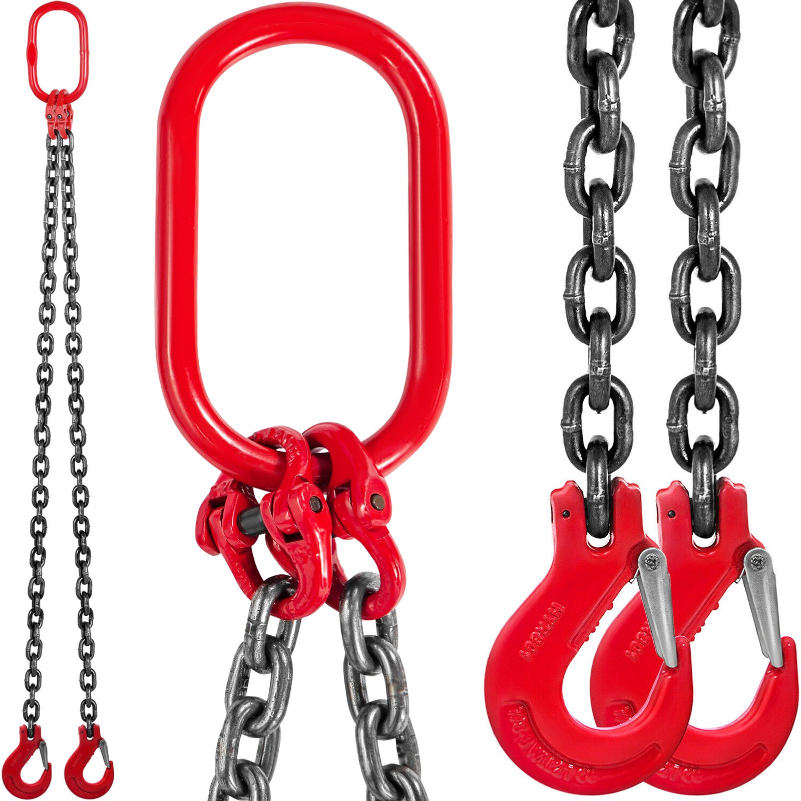 Eslinga de cadena VEVOR con cadenas de acero de alta resistencia y ganchos rojos.