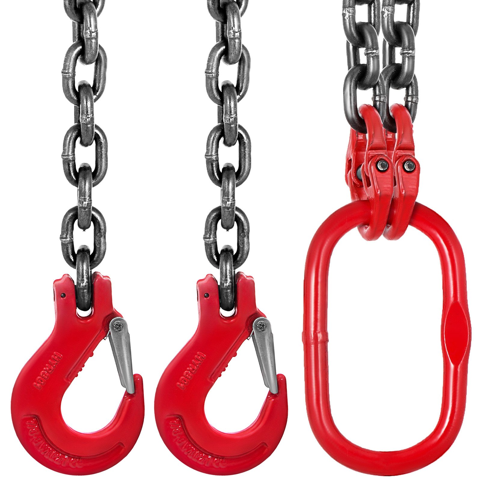 Eslinga de cadena VEVOR con ganchos rojos y cadenas metálicas para elevar cargas pesadas.
