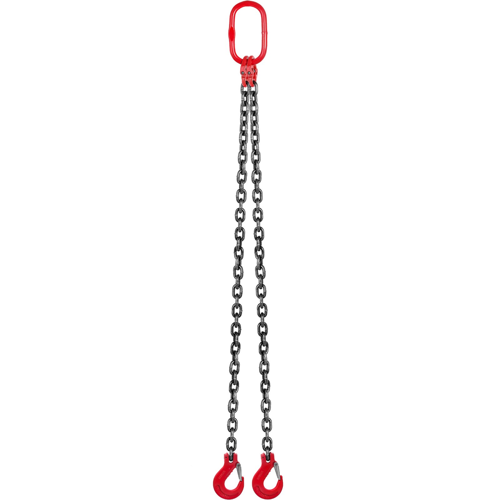 Eslinga de cadena VEVOR roja y negra con dos ganchos resistentes que cuelgan de un lazo superior.