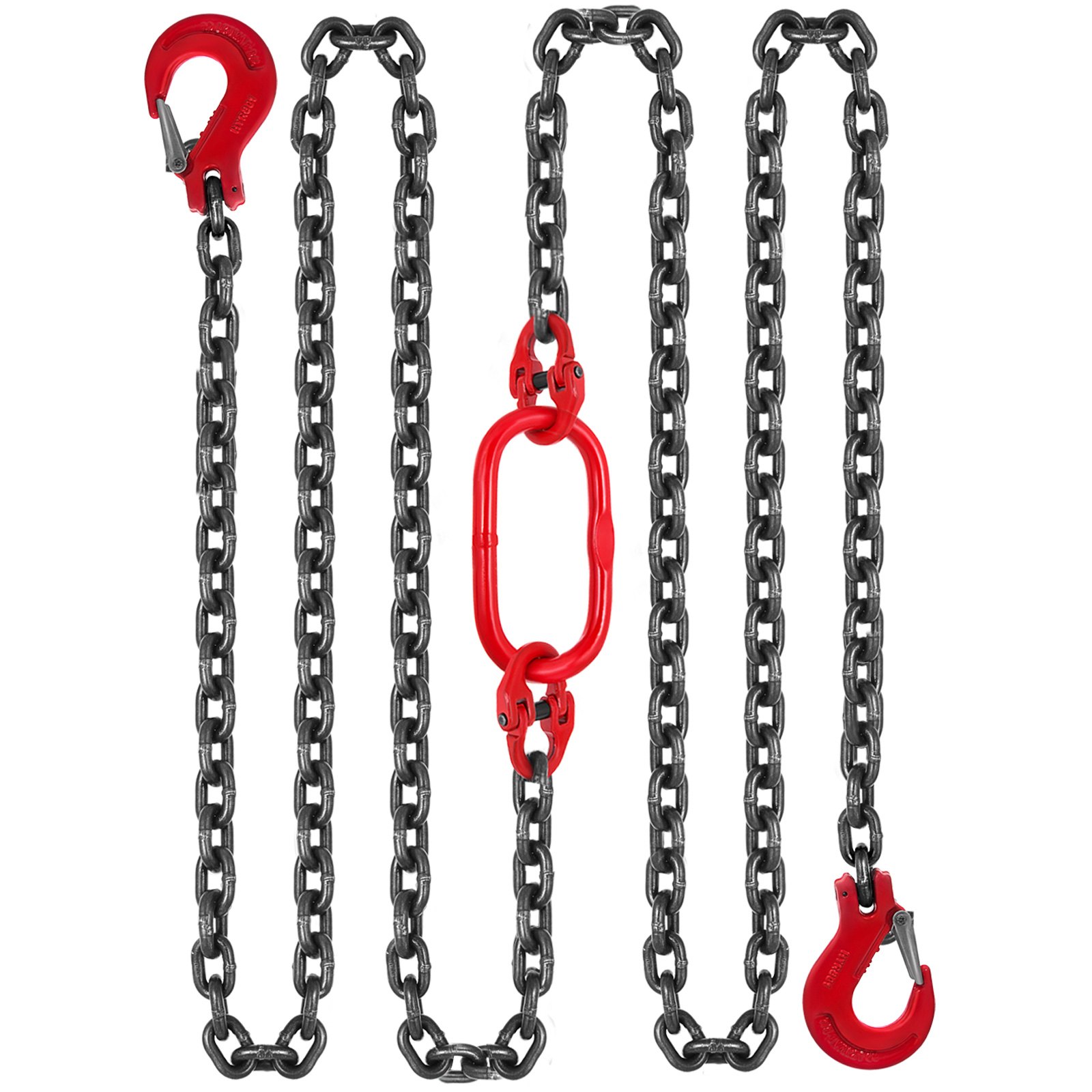 Eslinga de cadena VEVOR con cuatro cadenas resistentes y ganchos rojos.