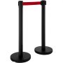Postes de barrera VEVOR negros con cinturón retráctil rojo.