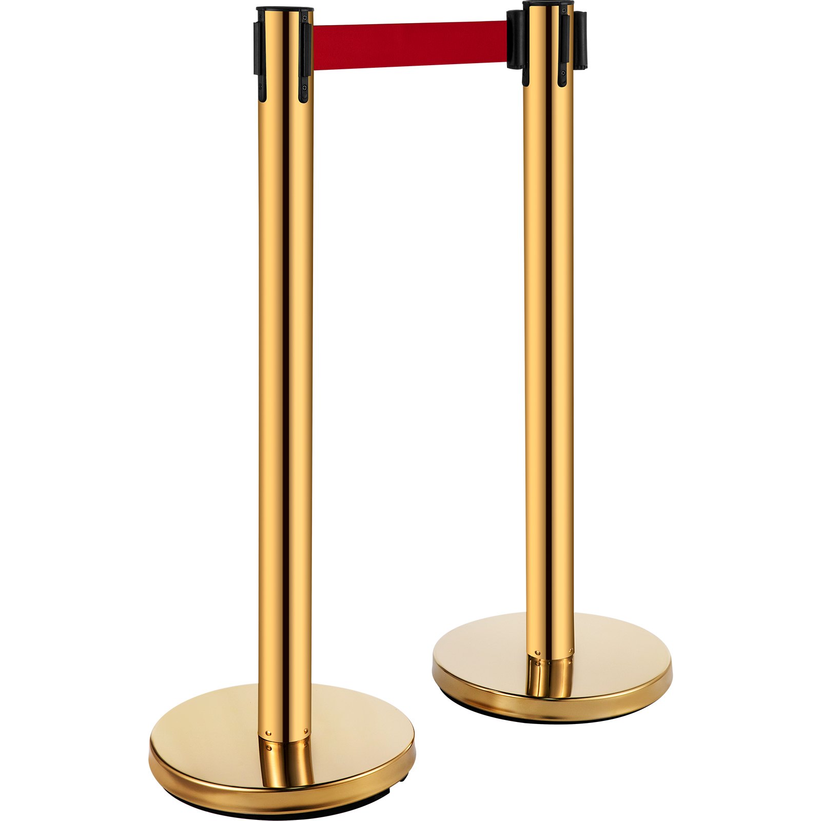 Barreras de poste de soporte VEVOR con postes dorados y cinturón retráctil rojo.