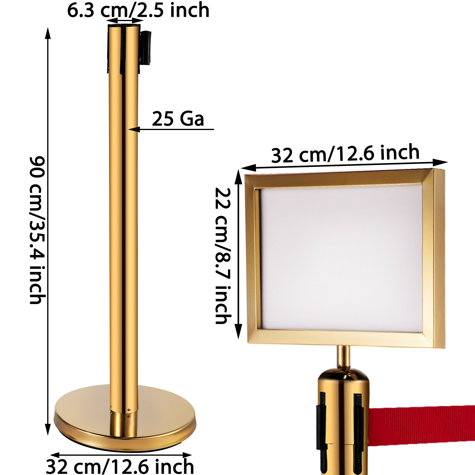 Postes de barrera VEVOR dorados con dimensiones en cm y pulgadas.