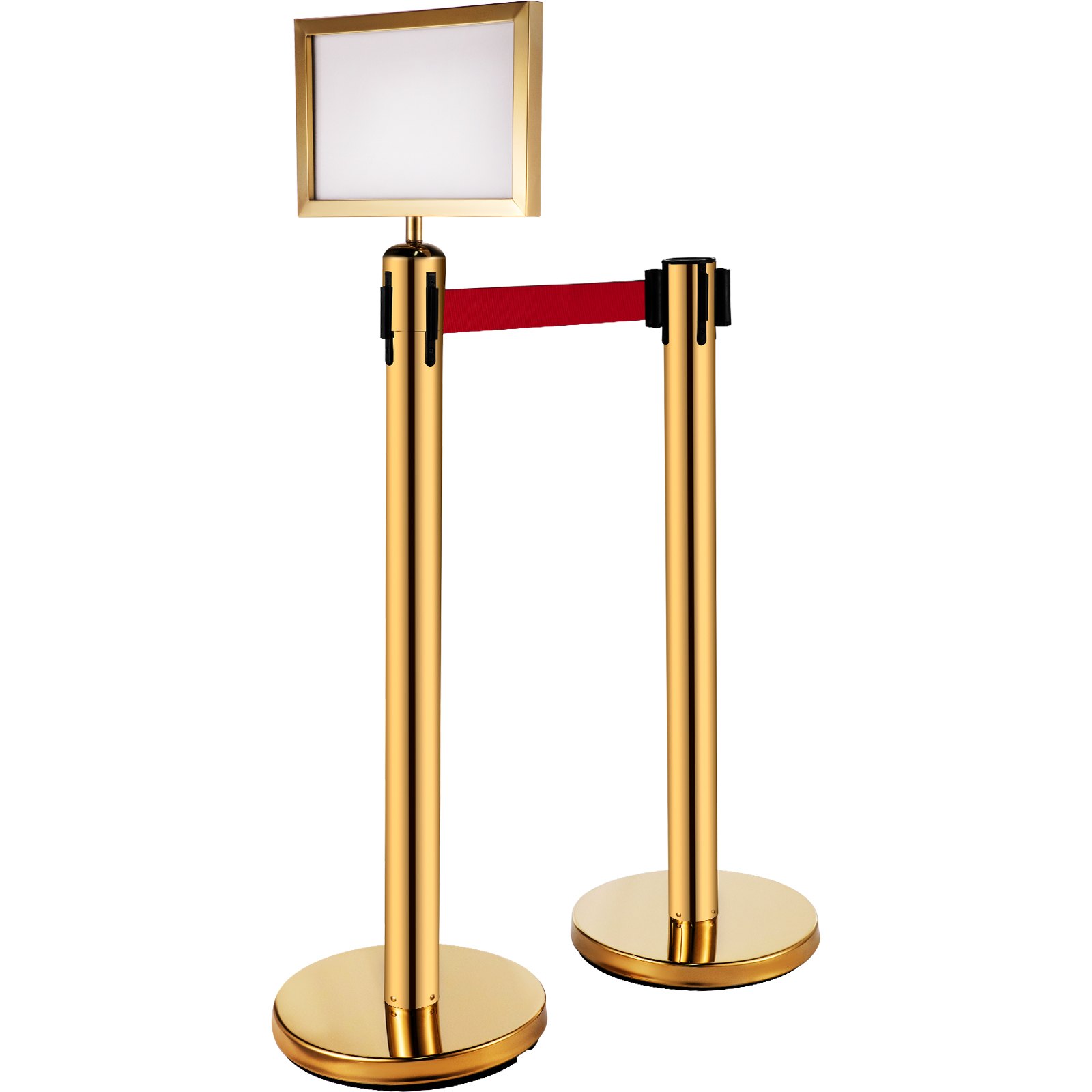 Postes de barrera de seguridad VEVOR con acabado dorado y cinturón rojo, que incorporan un soporte para carteles.