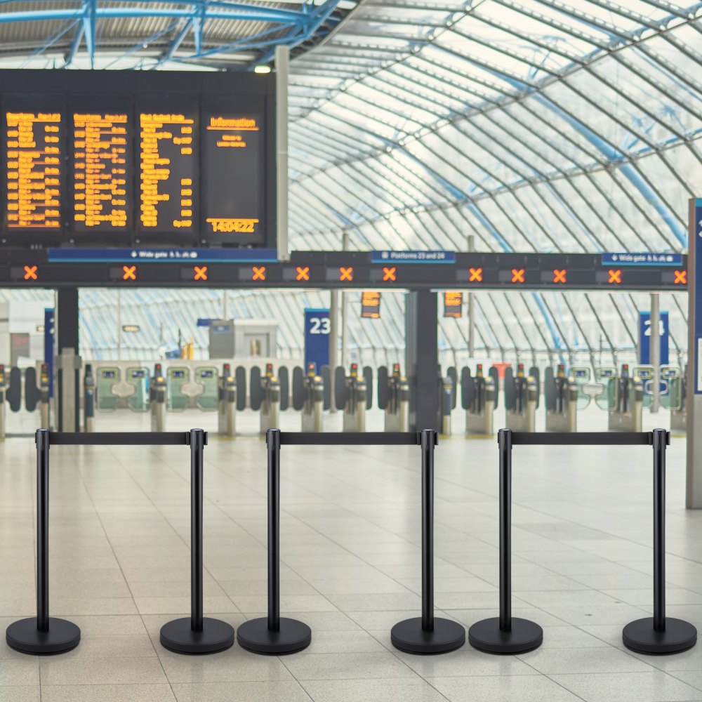 VEVOR 6 postes de poste negros, poste de cola de poste de acero inoxidable, cinturón negro retráctil de 36 pulgadas para uso en interiores y exteriores.