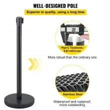 VEVOR 6 Pcs Postes Separadores Cinta Extensible Barreras De Seguridad negros Poste de cola de puntal de acero inoxidable Cinturón retráctil 36 pulgada