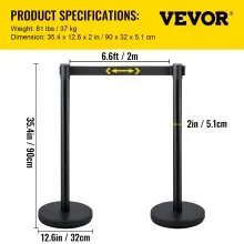 VEVOR 6 Pcs Postes Separadores Cinta Extensible Barreras De Seguridad negros Poste de cola de puntal de acero inoxidable Cinturón retráctil 36 pulgada