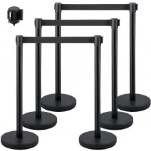 VEVOR 6 Pcs Postes Separadores Cinta Extensible Barreras De Seguridad negros Poste de cola de puntal de acero inoxidable Cinturón retráctil 36 pulgada