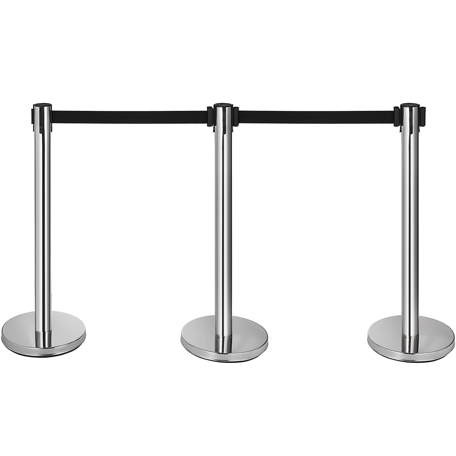 postes plateados con cinturones negros, configuración de postes de control de multitudes VEVOR para gestión de colas.