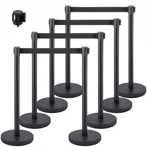 VEVOR Postes Separadores 8 piezas Altura 90 cm Negros Poste Separador con Cinta Extensible de 2 m Negra Conexión de 4 Vías Diámetro de Base 32 cm Postes de Barrera de Control de Multitudes Retráctiles