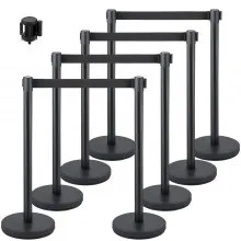 VEVOR Postes Separadores Cinta Extensible Barreras De Seguridad 8 piezas Altura 90 cm Negros con Cinta Extensible de 2 m Conexión de 4 Vías