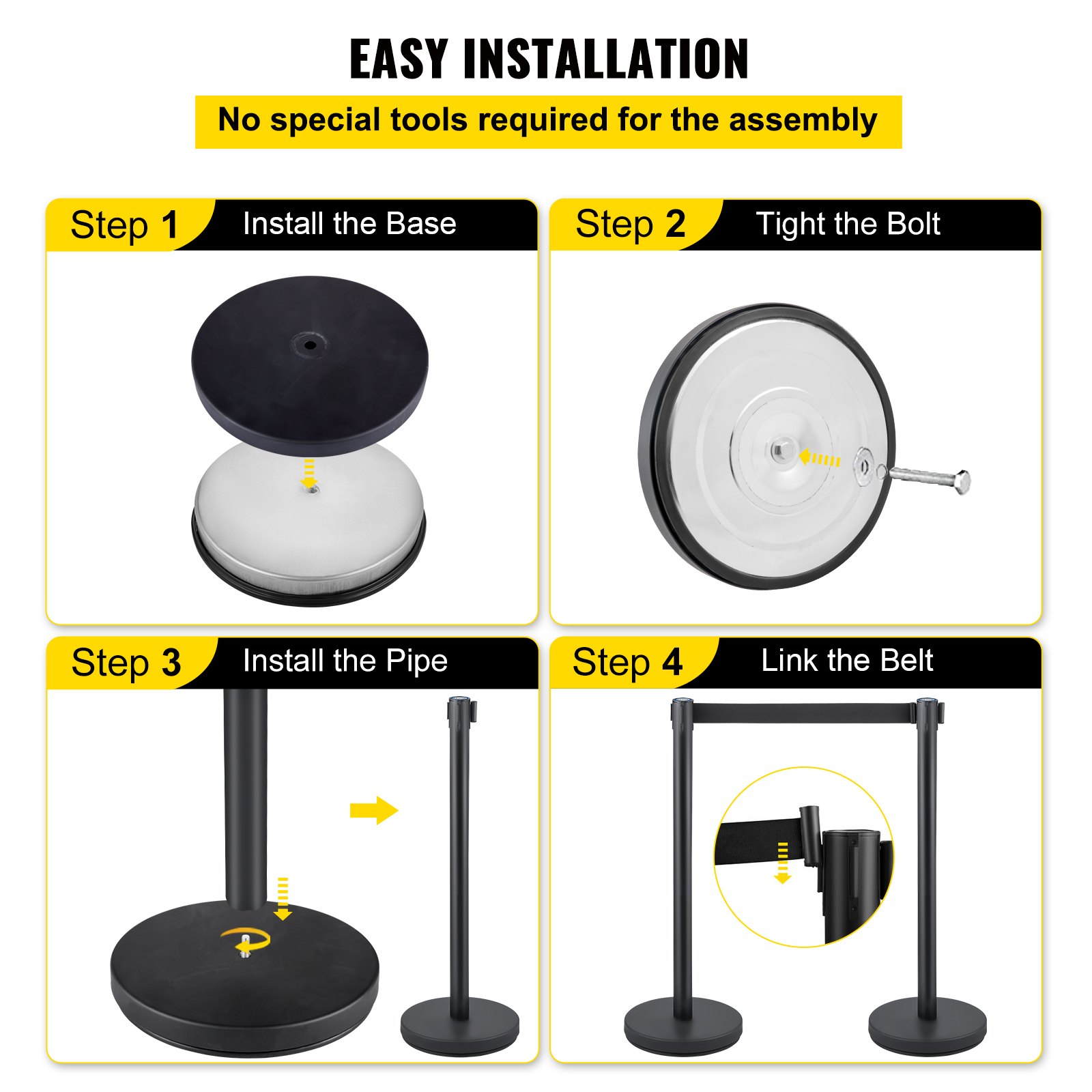 VEVOR Postes Separadores Cinta Extensible Barreras De Seguridad 8 piezas Altura 90 cm Negros con Cinta Extensible de 2 m Conexión de 4 Vías