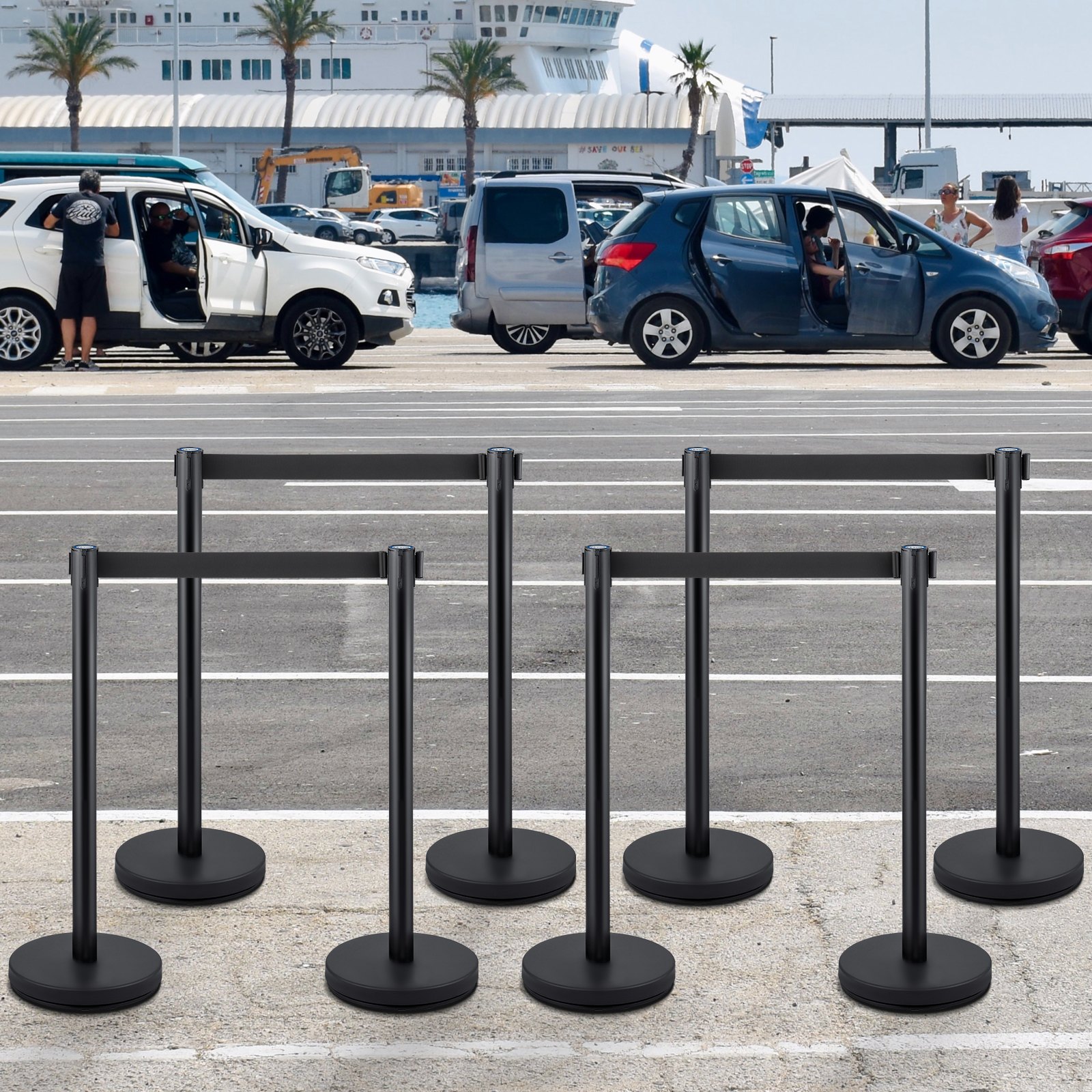 VEVOR Postes Separadores Cinta Extensible Barreras De Seguridad 8 piezas Altura 90 cm Negros con Cinta Extensible de 2 m Conexión de 4 Vías