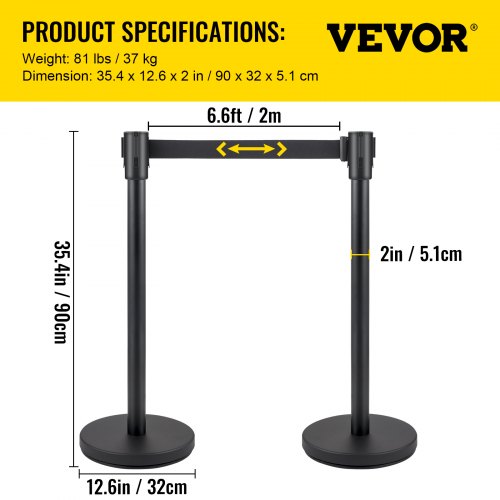 VEVOR Crowd Control Stanchion Juego de puntales de 6 piezas con cinturón negro de 6,6 pies/2 m