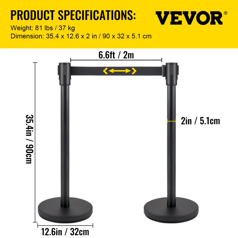 Especificaciones del juego de postes de control de multitudes VEVOR: 90 cm de alto, 2 m de largo, base de 32 cm.
