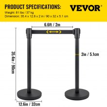 VEVOR Postes Separadores Cinta Extensible Barreras De Seguridad Juego de puntales de 6 piezas con cinturón negro de 6,6 pies/2 m