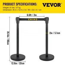 VEVOR Postes Separadores Cinta Extensible Barreras De Seguridad Juego de puntales de 6 piezas con cinturón negro de 6,6 pies/2 m