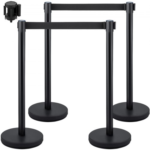 VEVOR Postes Separadores Cinta Extensible Barreras De Seguridad control de multitudes 4 piezas soportes con cinturón retráctil negro de 6,6 pies/2 m