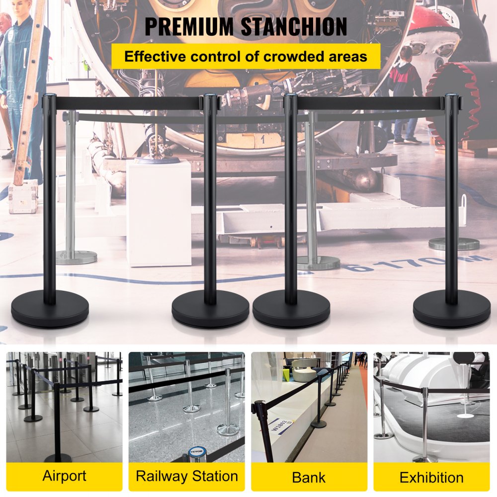 VEVOR Postes Separadores Cinta Extensible Barreras De Seguridad control de multitudes 4 piezas soportes con cinturón retráctil negro de 6,6 pies/2 m