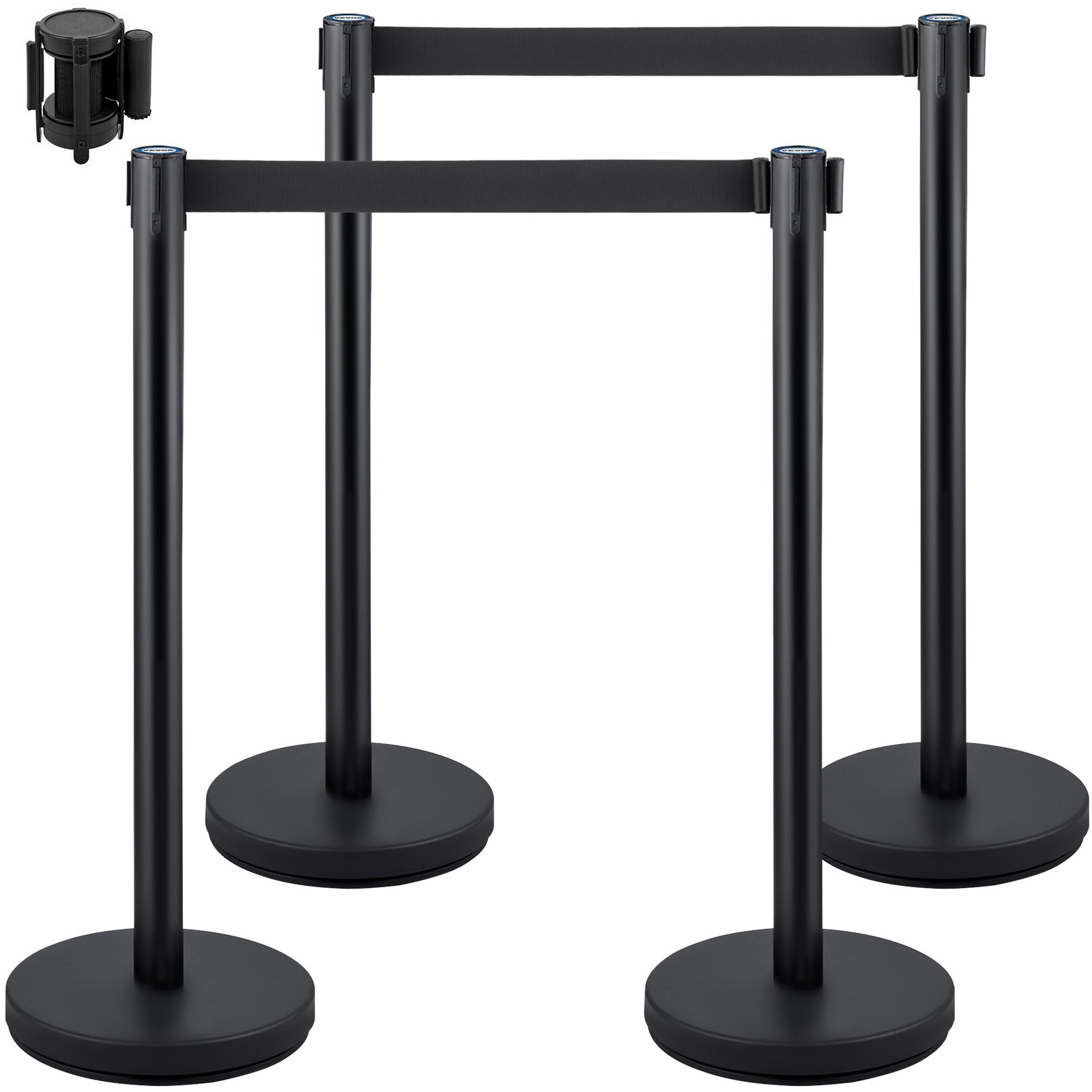 VEVOR Postes Separadores Cinta Extensible Barreras De Seguridad control de multitudes 4 piezas soportes con cinturón retráctil negro de 6,6 pies/2 m