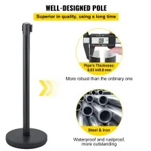 VEVOR Postes Separadores Cinta Extensible Barreras De Seguridad 6 piezas Negros Altura 90 cm Cinta Extensible Negra 2 m