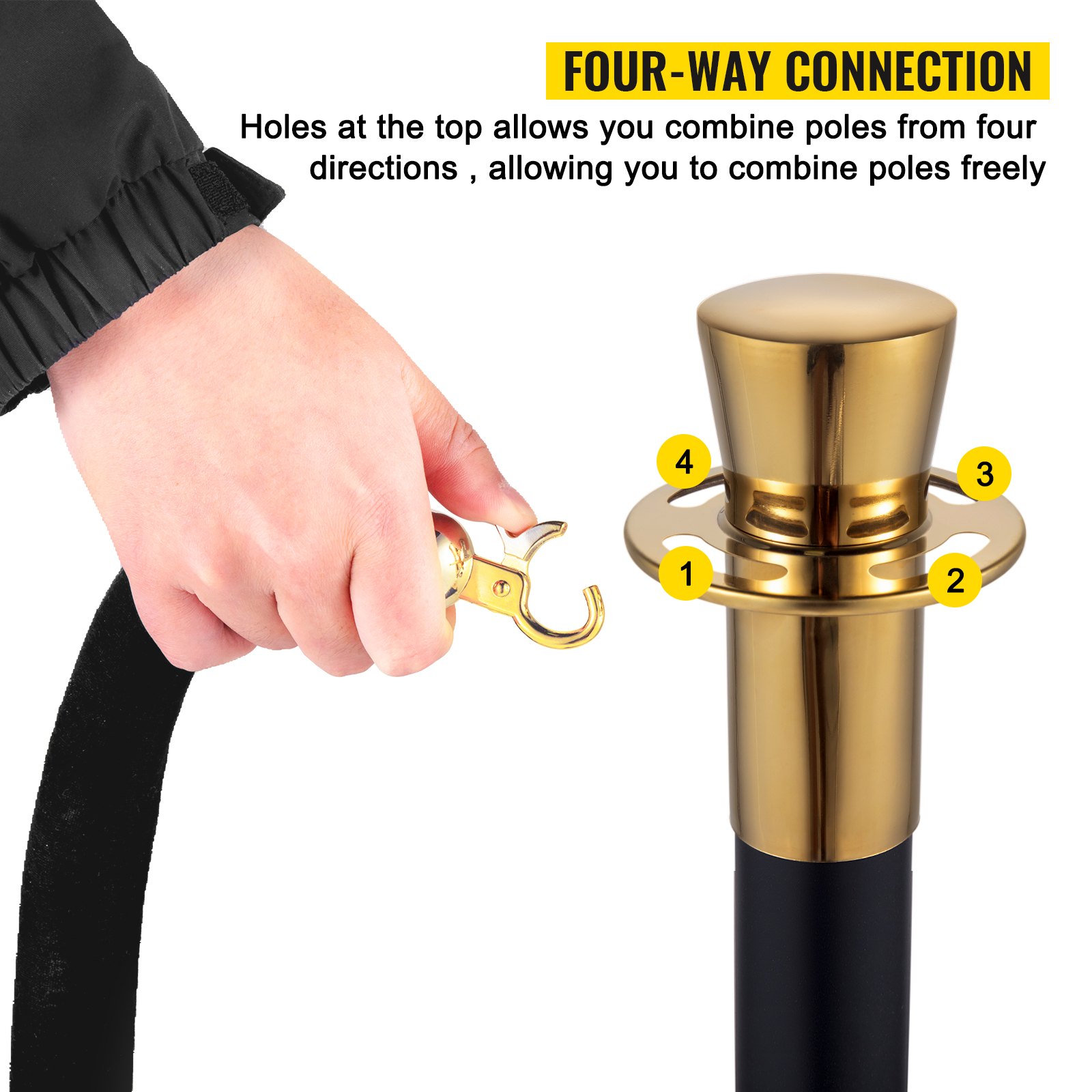 VEVOR Crowd Control Stanchion, Set of 6 Pieces Stanchion Set, Stanchion Set with 5 ft/1.5 m Black Velvet Rope, Black Crowd Control Barrier with Sturdy Concrete and Metal Base – Easy Connect Assembly