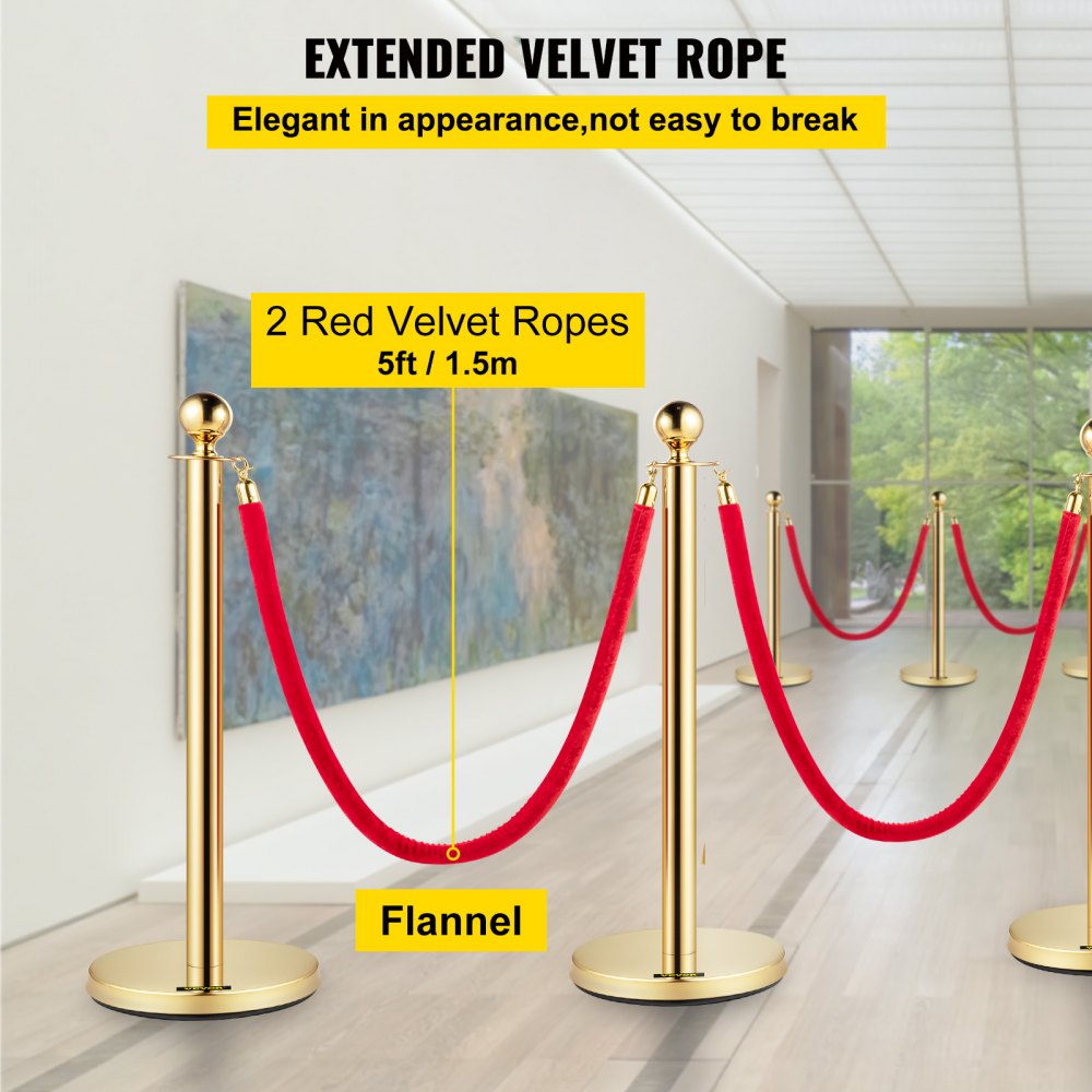 Elegantes postes de soporte VEVOR dorados con cuerdas de terciopelo rojo en un entorno de galería moderno.