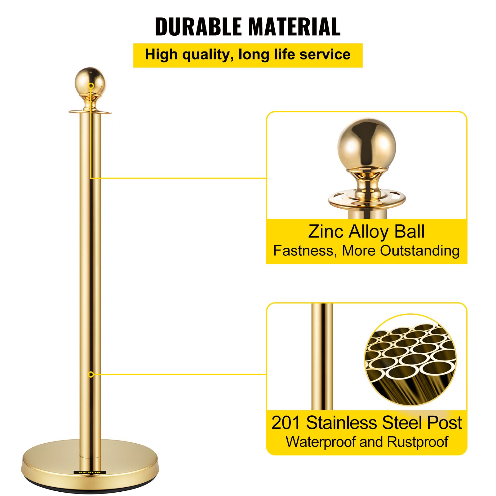 Postes de soporte VEVOR con bola de aleación de zinc y poste de acero inoxidable 201, material duradero.
