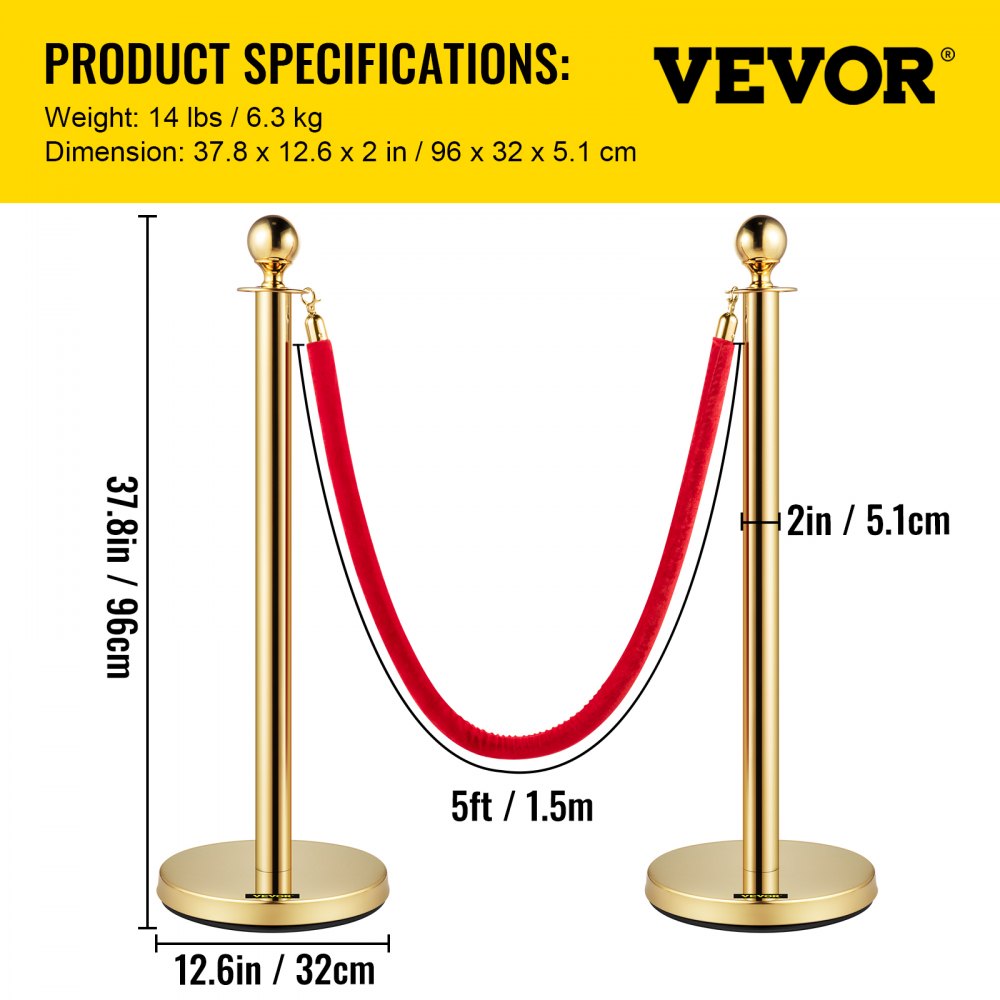 Poste de control de multitudes VEVOR, juego de 8 postes, con cuerda de terciopelo rojo de 1,5 m, barrera dorada para control de multitudes con base robusta de hormigón y metal, fácil de conectar.