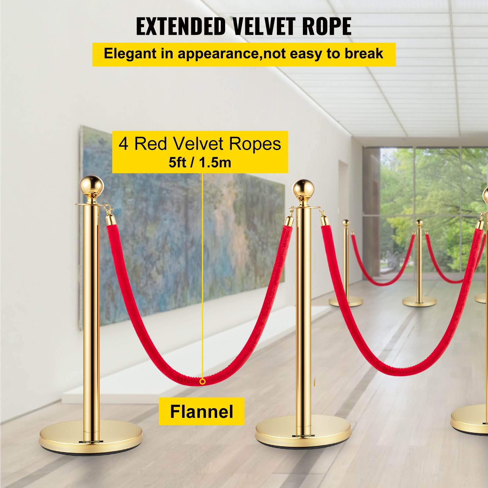 Poste de control de multitudes VEVOR, juego de 8 postes, con cuerda de terciopelo rojo de 1,5 m, barrera dorada para control de multitudes con base robusta de hormigón y metal, fácil de conectar.