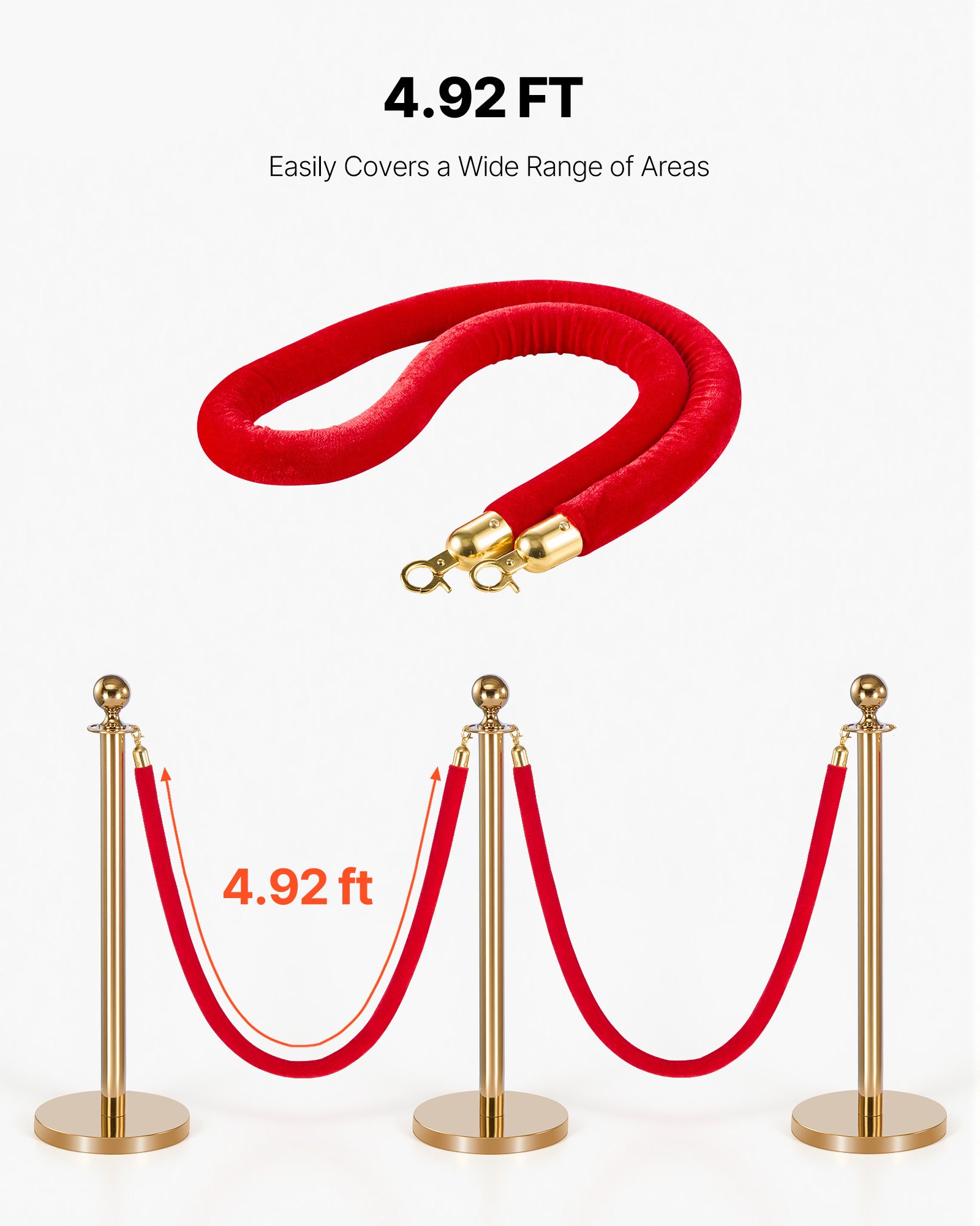 VEVOR Cuerdas de Terciopelo Rojas para Postes 2 Piezas Longitud de 1,5 m, Cuerda de Barrera con Ganchos Dorados para Control de Multitudes, Barrera Separadora para Eventos, Cines, Hoteles, Fiestas