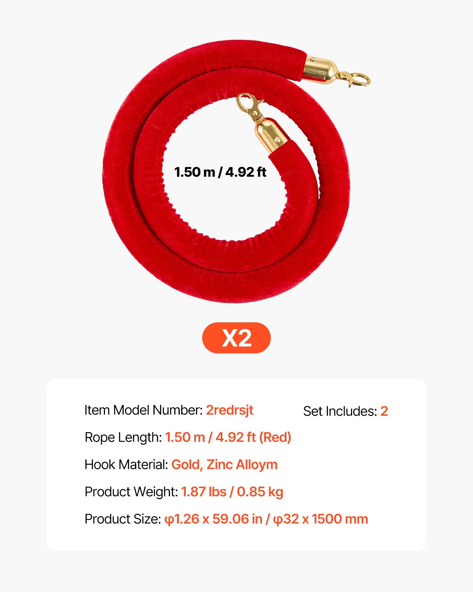 VEVOR Cuerdas de Terciopelo Rojas para Postes 2 Piezas Longitud de 1,5 m, Cuerda de Barrera con Ganchos Dorados para Control de Multitudes, Barrera Separadora para Eventos, Cines, Hoteles, Fiestas