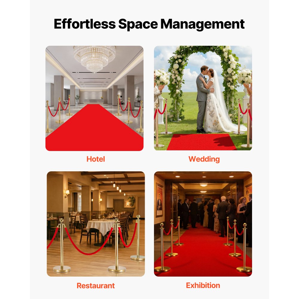 VEVOR Cuerdas de Terciopelo Rojas para Postes 4 Piezas Longitud de 1,5 m, Cuerda de Barrera con Ganchos Dorados para Control de Multitudes, Barrera Separadora para Eventos, Cines, Hoteles, Fiestas