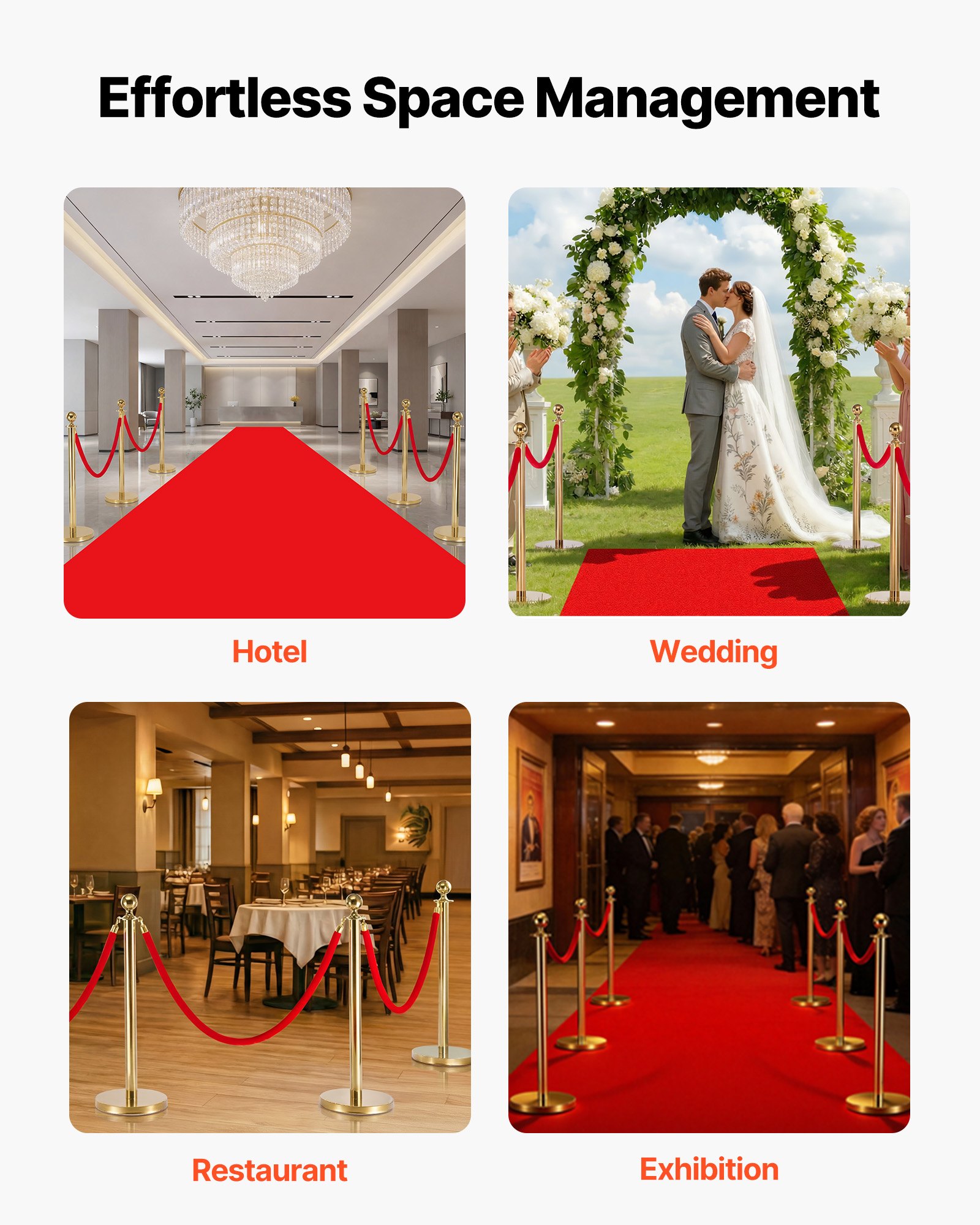 VEVOR Cuerdas de Terciopelo Rojas para Postes 4 Piezas Longitud de 1,5 m, Cuerda de Barrera con Ganchos Dorados para Control de Multitudes, Barrera Separadora para Eventos, Cines, Hoteles, Fiestas