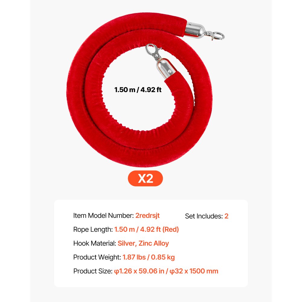 VEVOR Cuerdas de Terciopelo Rojas para Postes 2 Piezas Longitud de 1,5 m, Cuerda de Barrera con Ganchos Plateados para Control de Multitudes, Barrera Separadora para Eventos, Cines, Hoteles, Fiestas
