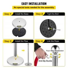 VEVOR Postes Separadores Cinta Extensible Barreras De Seguridad 1.5M Conjunto de 4 Piezas para Control de la Multitudes de Acero Inoxidable
