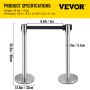 VEVOR Postes Separadores Cinta Extensible Barreras De Seguridad 2 piezas Platas Altura 90 cm Cinta Extensible Negra 2 m