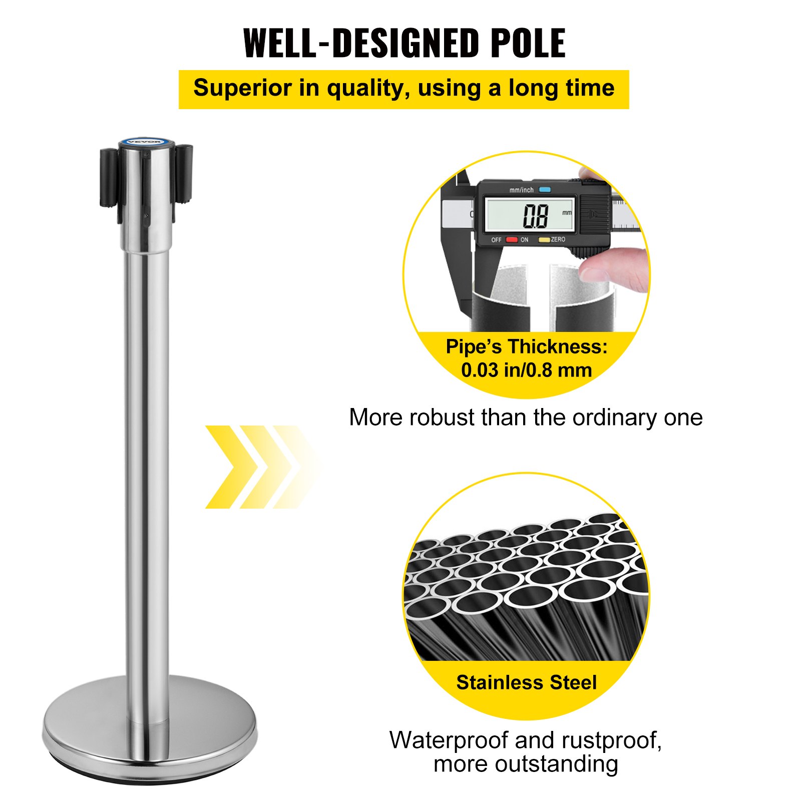 VEVOR Postes Separadores Cinta Extensible Barreras De Seguridad 2 piezas Platas Altura 90 cm Cinta Extensible Negra 2 m