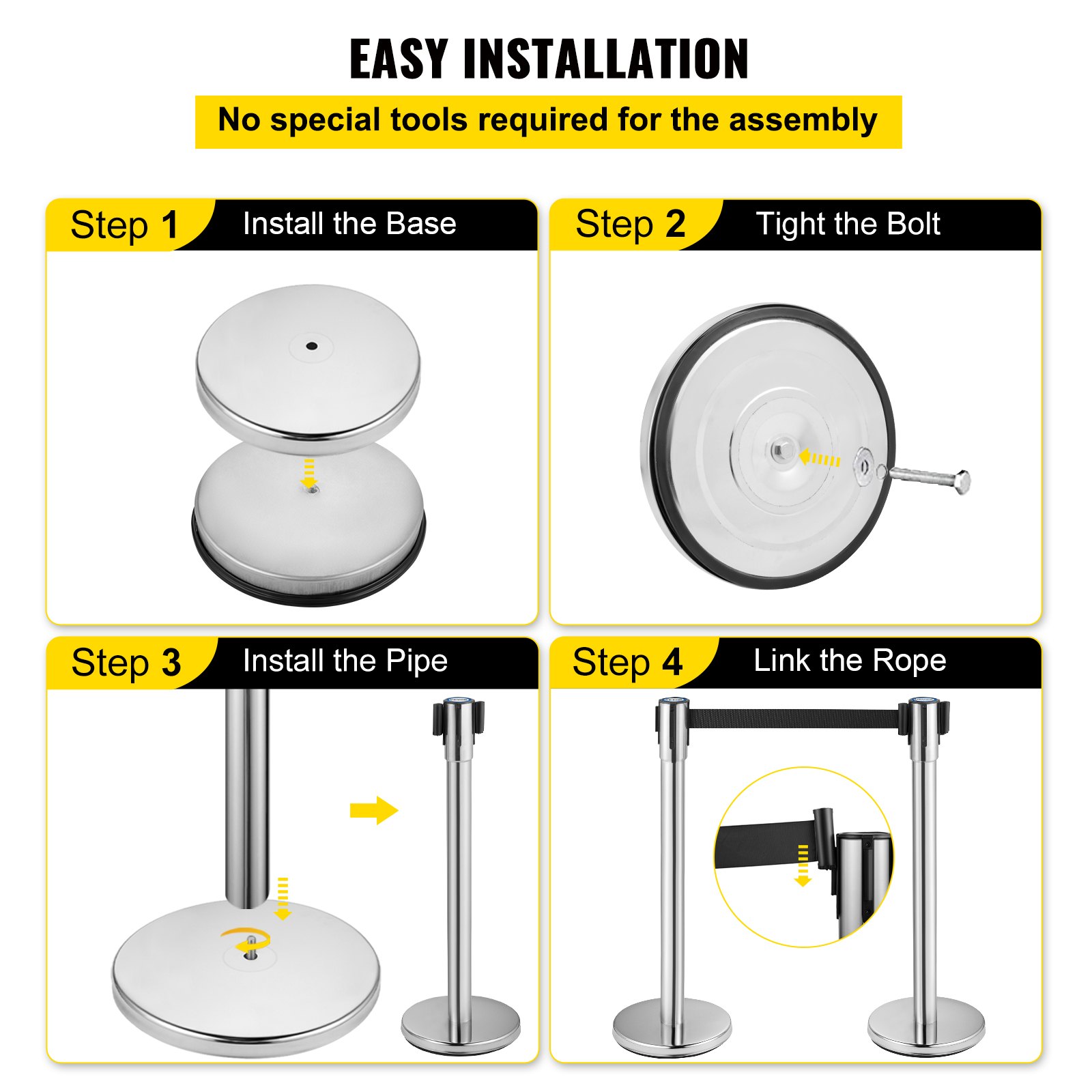 VEVOR Postes Separadores Cinta Extensible Barreras De Seguridad 2 piezas Platas Altura 90 cm Cinta Extensible Negra 2 m