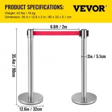 VEVOR Postes Separadores Cinta Extensible Barreras De Seguridad 6 piezas Platas Altura 90 cm Cinta Extensible Roja 2 m