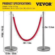 VEVOR Postes Separadores Cinta Extensible Barreras De Seguridad Set de 2 piezas con cuerda de terciopelo rojo