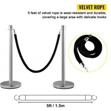 VEVOR Postes Separadores Cinta Extensible Barreras De Seguridad Set de 2 piezas con cuerda de terciopelo negro