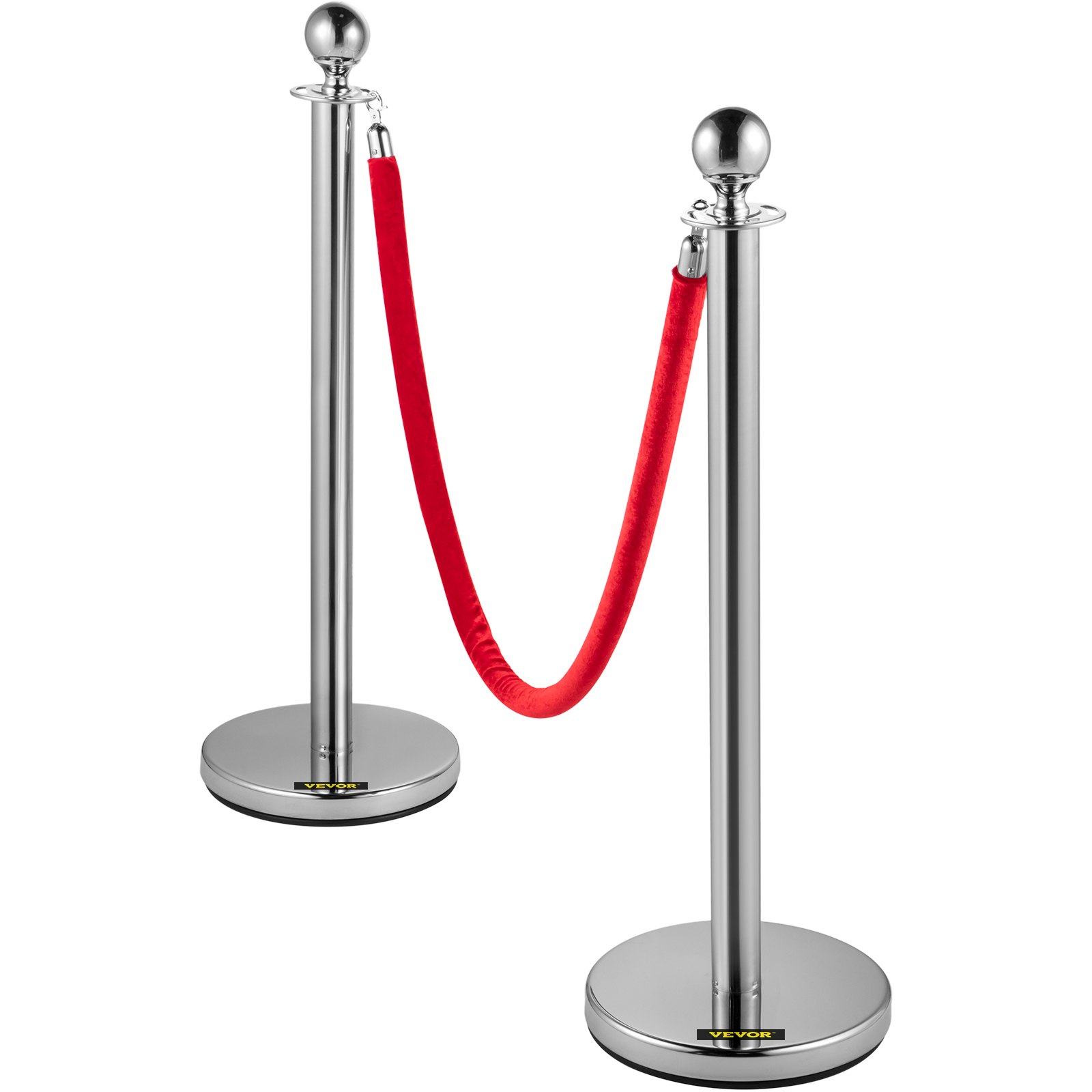 Poste de control de multitudes VEVOR con cuerda de terciopelo rojo y postes de metal brillante.
