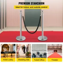 VEVOR Postes Separadores Cinta Extensible Barreras De Seguridad Set 2pcs Set con cuerda de terciopelo negro-plata