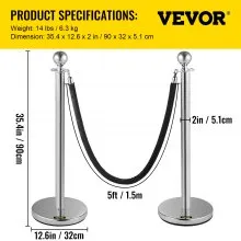 VEVOR Postes Separadores Cinta Extensible Barreras De Seguridad Set 2pcs Set con cuerda de terciopelo negro-plata