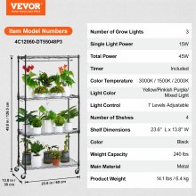 VEVOR - Estante para plantas con luz de cultivo, estante para plantas de 4 niveles con luz de cultivo de espectro completo de 45 W, luz para plantas de 3 modos con temporizador y rueda para iniciar la siembra, estante de luz de cultivo de metal para plantas de interior