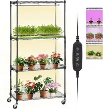 VEVOR - Estante para plantas con luz de cultivo, estante para plantas de 4 niveles con luz de cultivo de espectro completo de 45 W, luz para plantas de 3 modos con temporizador y rueda para iniciar la siembra, estante de luz de cultivo de metal para plantas de interior